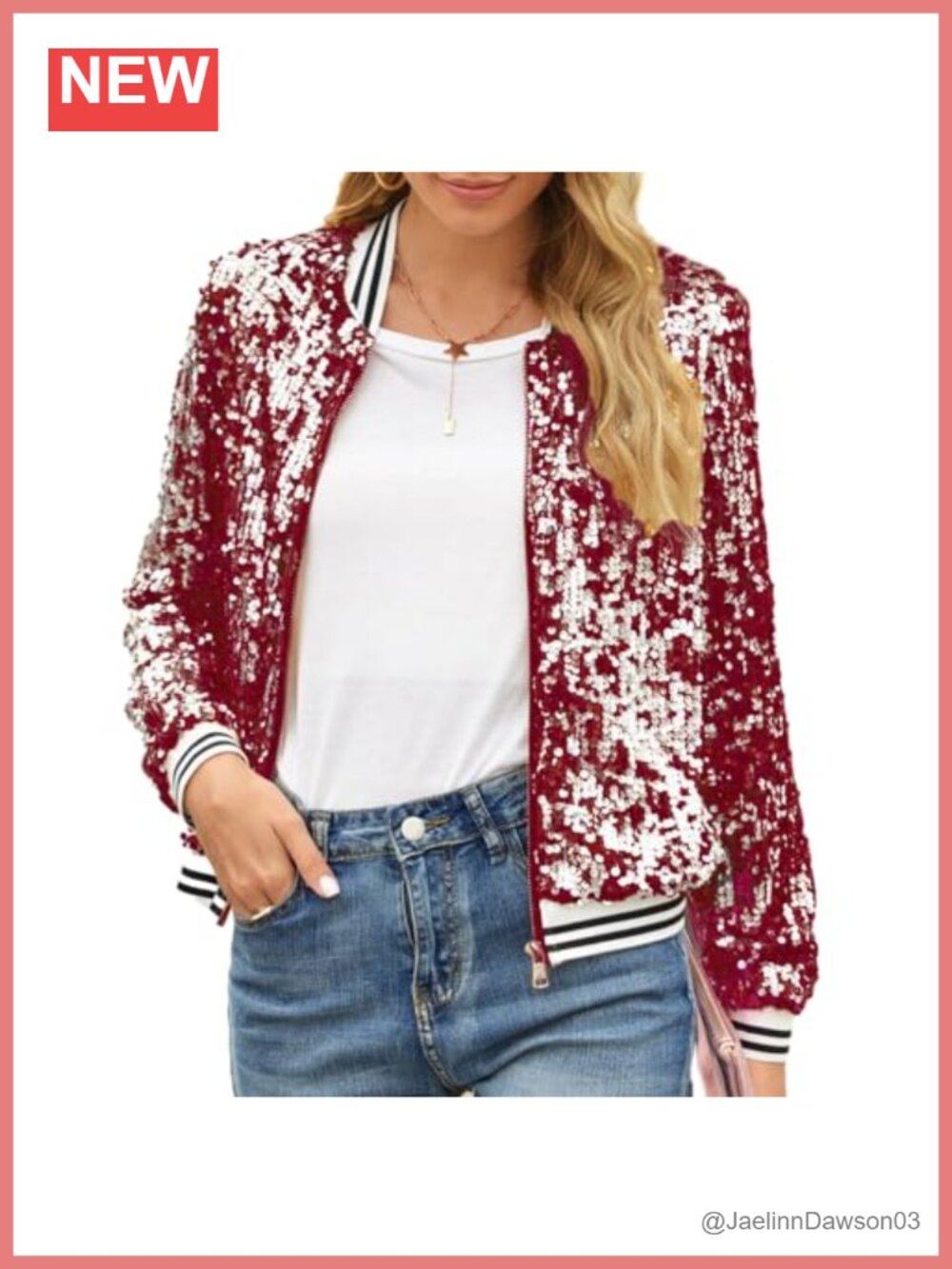 Women's Sequin Jacket Long Sleeve Front Zipper Bomber Ribbed Detail